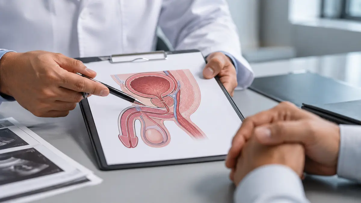 Doctor pointing at an anatomical diagram of the male urinary system during a consultation