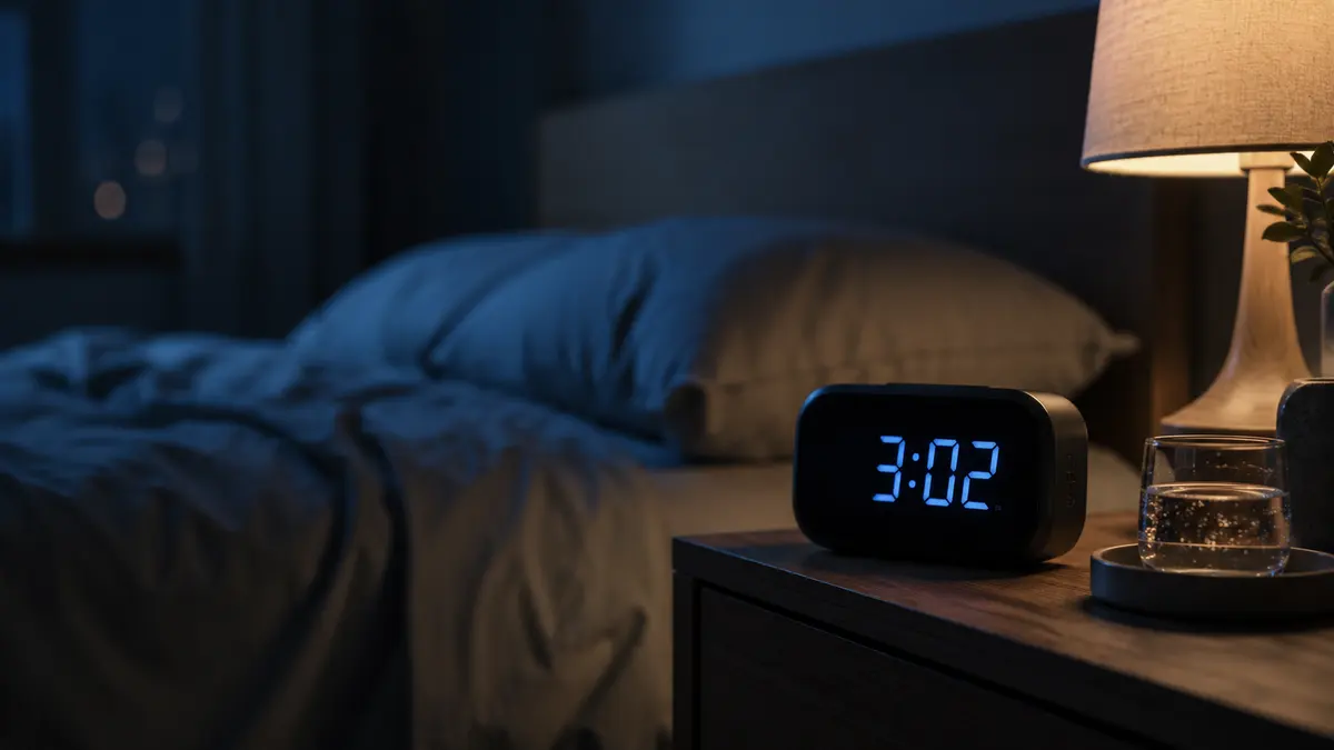 Bedside clock showing 3:12 a.m. in a dark bedroom with a lamp switched on