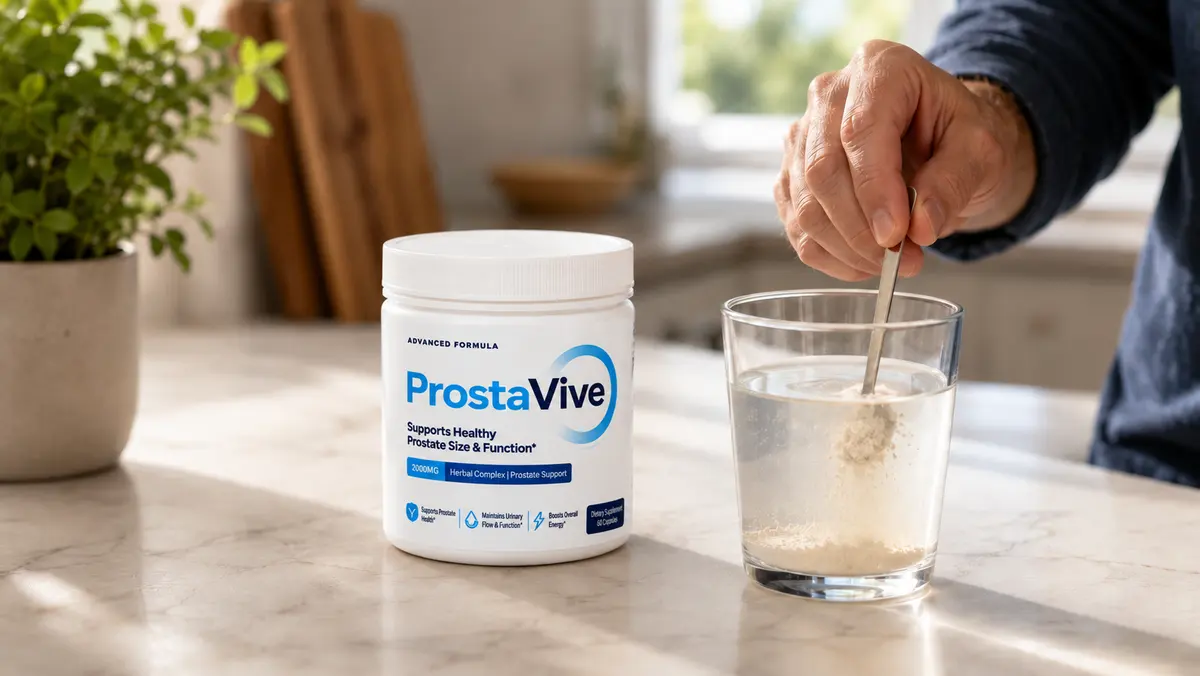 Man's hands holding a ProstaVive supplement jar
