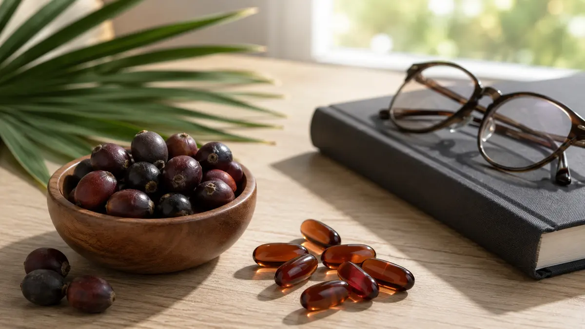 Saw palmetto berries and softgel capsules arranged on a wooden table next to a research journal