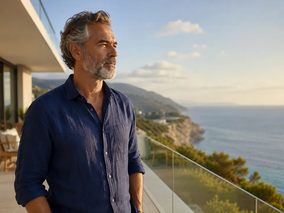 Man in his fifties standing on a coastal terrace with ocean view, holding a cup of coffee in early morning light