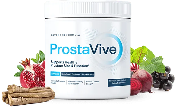 ProstaVive powder tub surrounded by pomegranate, beets, dark berries, and dried roots, official vendor image